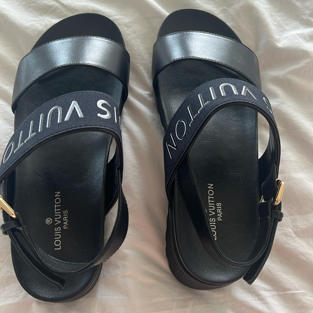Black Louis Vuitton-like platform sandal copies